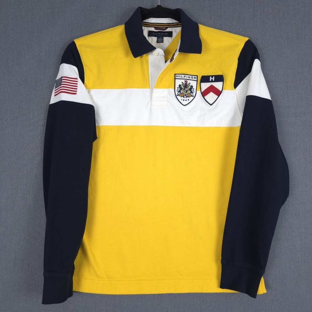 Tommy Hilfiger‎ Rugby Polo Shirt Mens Medium Stripe Long Sleeve Patches USA
